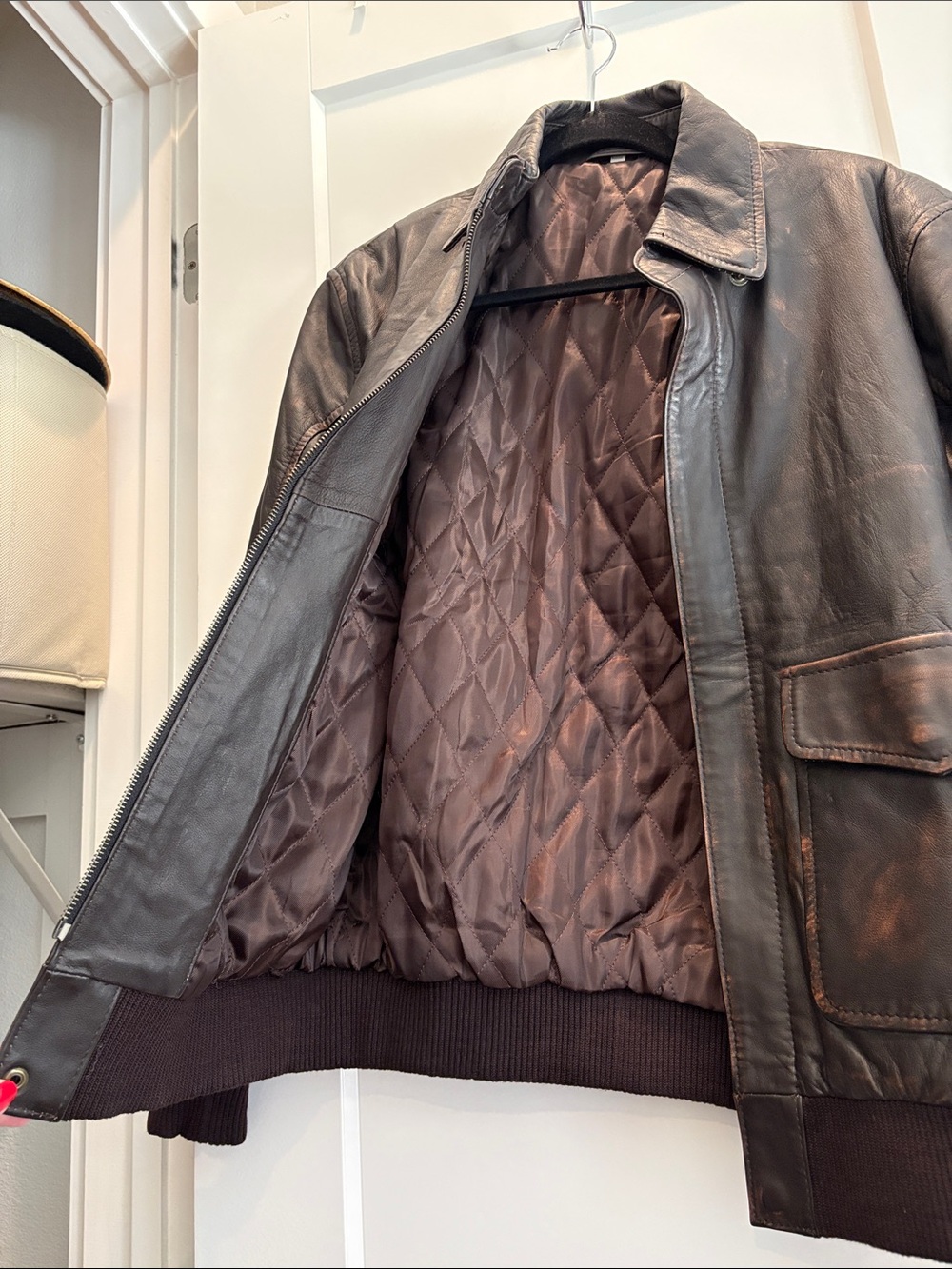Men's Distressed Brown Leather Bomber Jacket - Picture 2 of 4